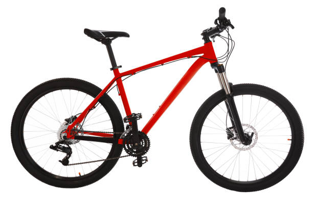 istock Red mountain bike isolated on white background 690645910