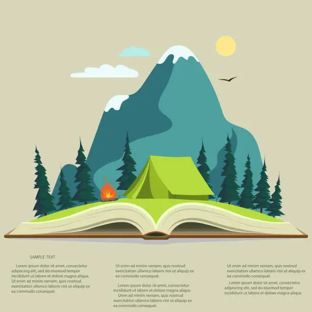 Vector illustration of Nature in opened book. camping graphics,  outdoor traveling illustratio