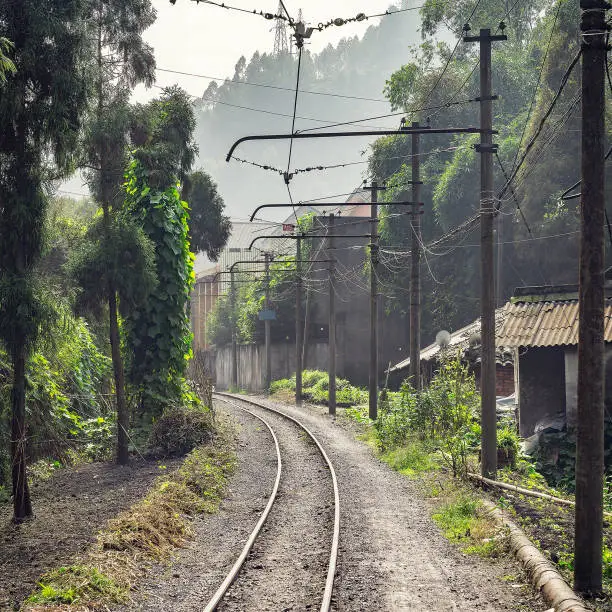 Electric narrow-gauge railway from Shixi to Bagou. Jiayang Mining Region. Sichuan province. China.