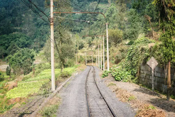 Electric narrow-gauge railway from Shixi to Bagou. Jiayang Mining Region. Sichuan province. China.