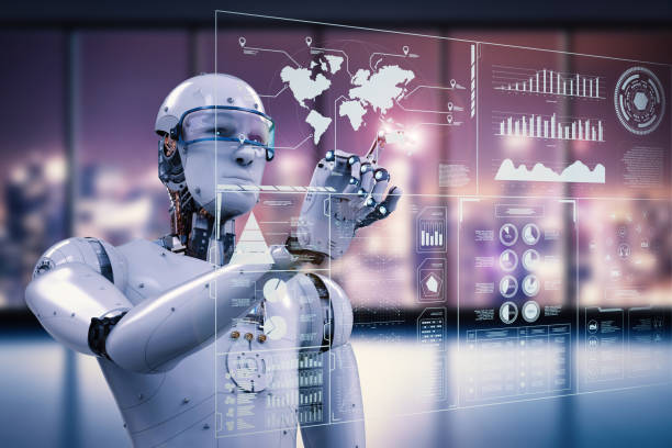 roboter arbeiten mit digitaler anzeige - industrieroboter arm grafiken stock-fotos und bilder