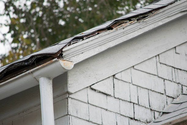 istock Damaged and old roofing shingles and gutter system on a house 690684214