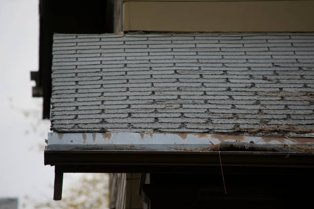 istock Damaged and old roofing shingles and gutter system on a house 690684242