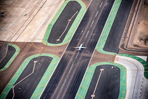 A commercial airplane landing at San Diego International Airport