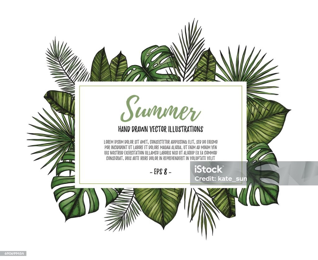 Summer tropical exotic template. Label with palm leaves (monstera, areca palm, fan palm, banana leaves). Hand drawn vector illustration. Perfect for prints, posters, invitations, packing etc Border - Frame stock vector