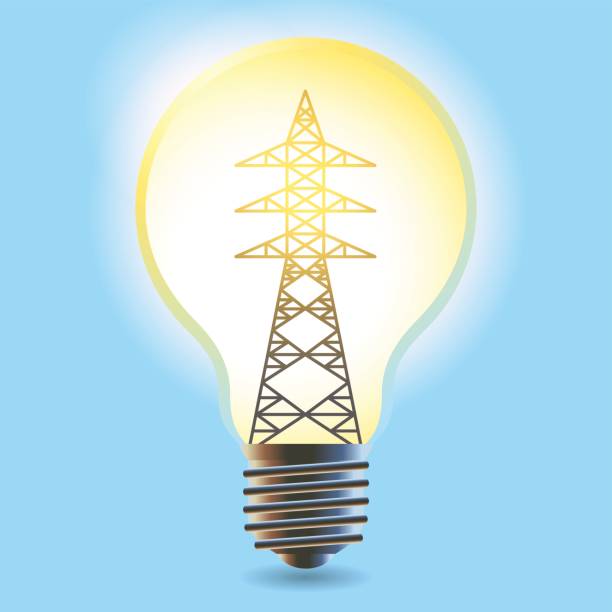 ilustrações de stock, clip art, desenhos animados e ícones de electricity concept, power transmission tower in electric light bulb, vector illustration - triangle square equipment work tool