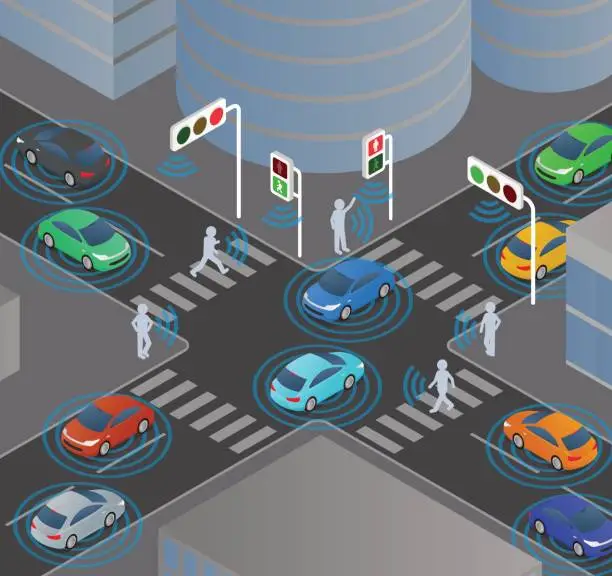 Vector illustration of wireless communication of vehicles and signals, pedestrians, traffic monitoring system