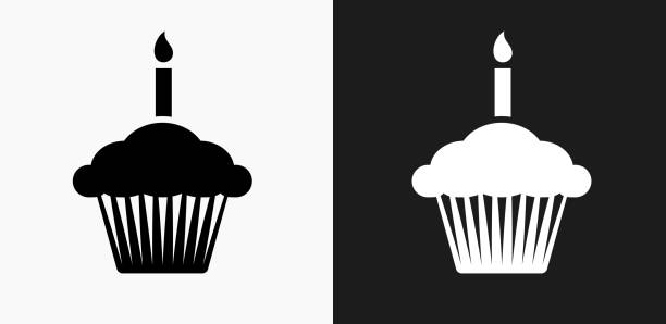 ilustrações de stock, clip art, desenhos animados e ícones de birthday cupcake icon on black and white vector backgrounds - 292