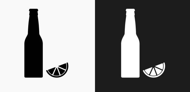 illustrazioni stock, clip art, cartoni animati e icone di tendenza di bottiglia di birra e icona lime su sfondi vettoriali in bianco e nero - bottiglia di birra
