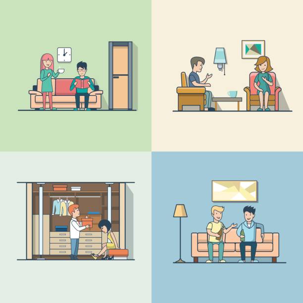 ilustrações de stock, clip art, desenhos animados e ícones de linear flat people sitting and talking, living and dressing room interior with furniture vector illustration set. woman, man, friend, wife, husband characters. casual family life concept. - family sofa vector illustration and painting