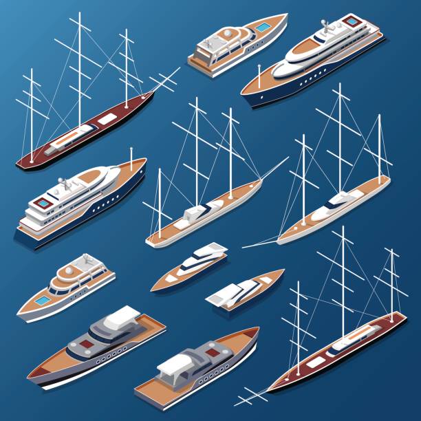 ilustraciones, imágenes clip art, dibujos animados e iconos de stock de barcos y yates planos isométricos vector conjunto de ilustración. isometría 3d colección de transporte náutico marina. - 7676