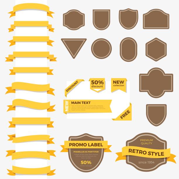 etykiety wstążki vintage i ramki w brązowym żółtym kolorze wektorowym zestawie szablonów. paski do tekstu, sprzedaży i logo. retro infografiki tło koncepcji. - 7679 stock illustrations