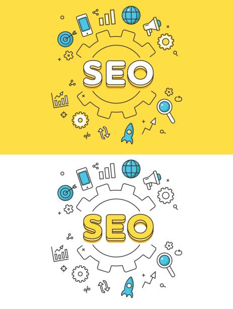 istock Linear Flat SEO word over gearwheel and icons website hero image vector illustration set. Search Engine Optimization and web site promotion concept. 690720442