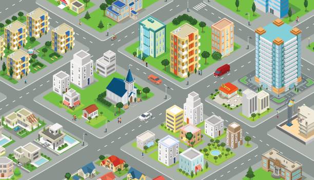 ilustrações de stock, clip art, desenhos animados e ícones de flat isometric megalopolis blocks infographics with roads and crossroads vector illustration. 3d isometry modern city buildings and architecture collection. - metropolitano