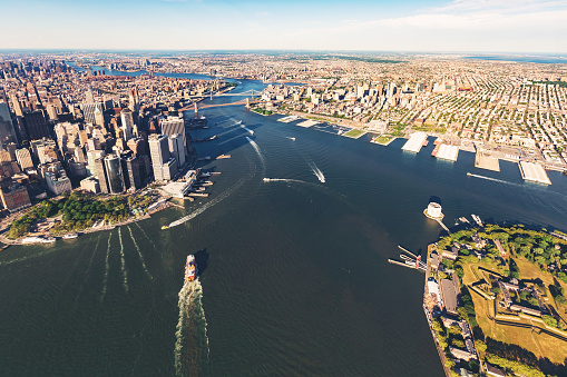 Aerial view of the Governors Island with Brooklyn New York in the background