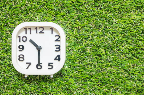 istock Closeup white clock for decorate show a half past ten or 10:30 a.m. on green artificial grass floor textured background with copy space 690731026