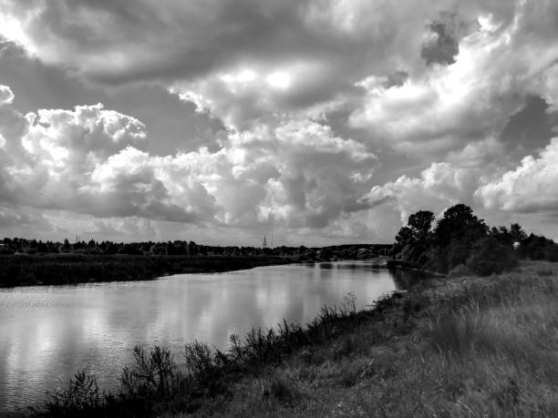 istock Beautiful landscape on the river in black and white image 690737774