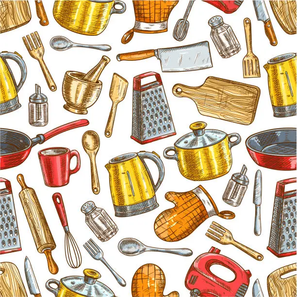 Vector illustration of Kitchenware, dishware, kitchen utensils pattern