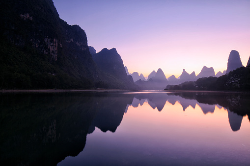 Mountain reflections at dawn, Guilin, China