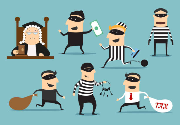Thief robber and judge, vector crime or punishment Crime and punishment. Vector thief man characters and judge with gavel for theft or robbery concept. Set of robber burglars with guns in masks stealing money, taxes, credit cards, door keys wallet gun stock illustrations