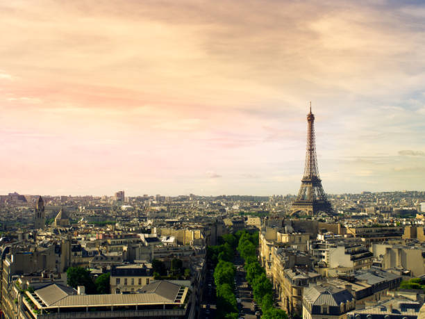 istock Paris cityscape with Eiffel tower in twilight. view of Eiffel tower from Are de Triomphe 690747788