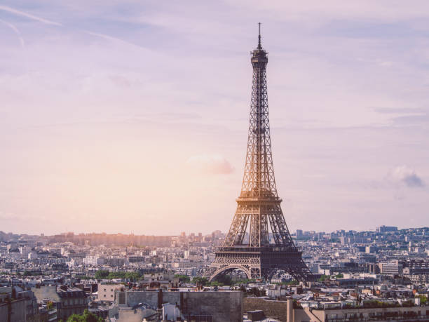 istock Paris cityscape with Eiffel tower in twilight. view of Eiffel tower from Are de Triomphe 690747798