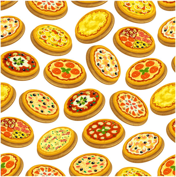 illustrazioni stock, clip art, cartoni animati e icone di tendenza di modello di pizza senza cuciture. background della cucina italiana - pizza margherita