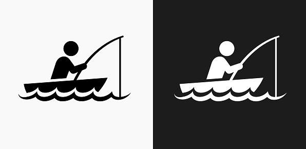 Fishing Icon on Black and White Vector Backgrounds. This vector illustration includes two variations of the icon one in black on a light background on the left and another version in white on a dark background positioned on the right. The vector icon is simple yet elegant and can be used in a variety of ways including website or mobile application icon. This royalty free image is 100% vector based and all design elements can be scaled to any size.