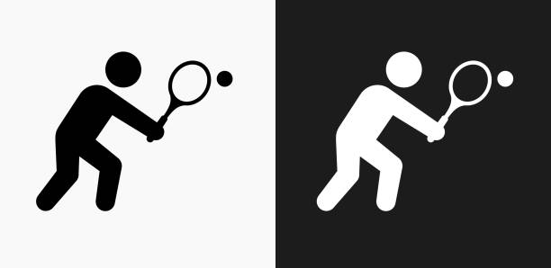 теннисная икона на черно-белом векторном фоне - tennis tennis ball ball black background stock illustrations