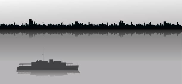 Sailing ship and city skyline vector art illustration