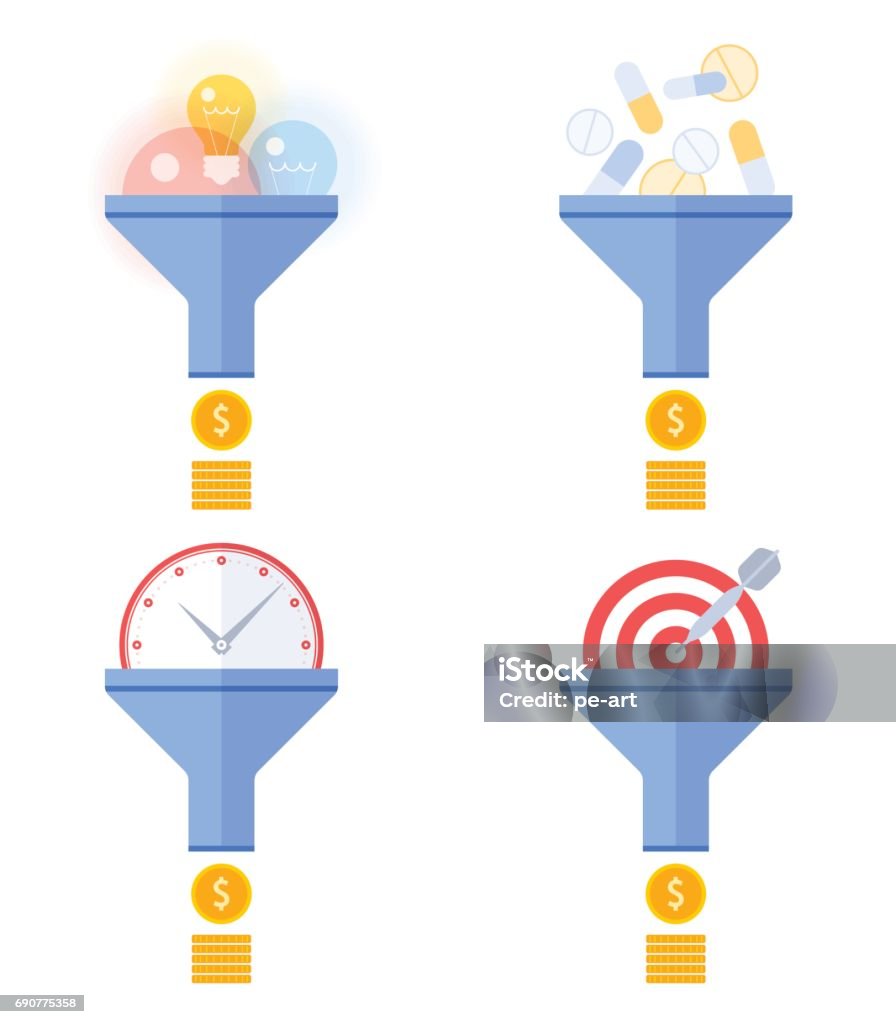 Funnel flow converts targeting, marketing, management, ideas to money concept. Funnel flow converts targeting, effective marketing, time management, ideas and innovations, drugs, cure to money. Flat concept illustration and infographic vector elements for business presentations. Funnel stock vector