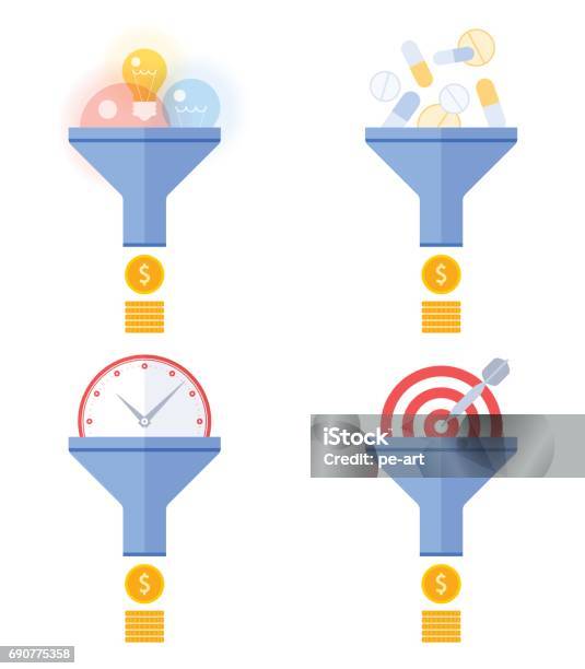 Funnel Flow Converts Targeting Marketing Management Ideas To Money Concept Stock Illustration - Download Image Now