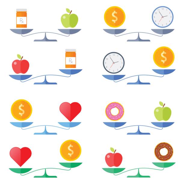 ilustrações, clipart, desenhos animados e ícones de escalas com moeda, coração, maçã, relógio, pílulas, donut. ilustração do conceito. - weight scale apple comparison balance