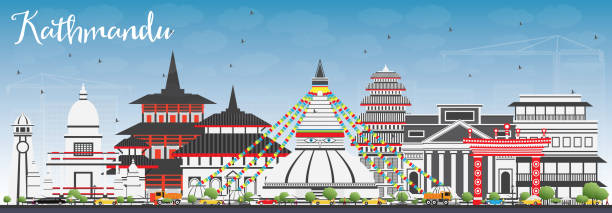 Kathmandu Skyline with Gray Buildings and Blue Sky. Kathmandu Skyline with Gray Buildings and Blue Sky. Vector Illustration. Business Travel and Tourism Concept with Historic Architecture. Image for Presentation Banner Placard and Web Site. kathmandu people stock illustrations