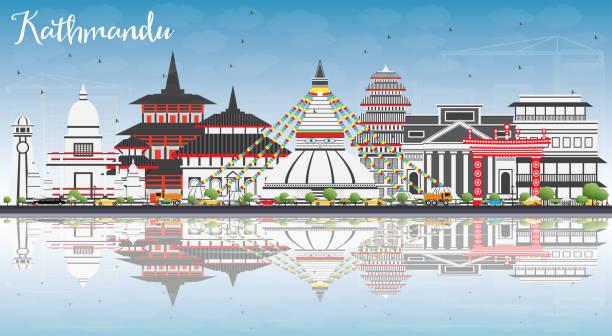 Kathmandu Skyline with Gray Buildings, Blue Sky and Reflections. Kathmandu Skyline with Gray Buildings, Blue Sky and Reflections. Vector Illustration. Business Travel and Tourism Concept with Historic Architecture. Image for Presentation Banner Placard and Web Site. kathmandu people stock illustrations