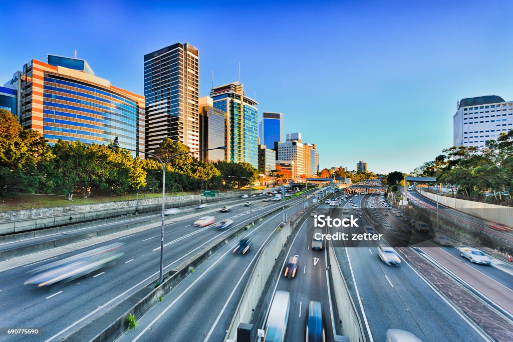 FWY Warringah 2 N Syd Wide Wide view of multi lane Warringah freeway going through North SYdney during morning rush hour traffic peak and congestion in Australia. Australia Stock Photo
