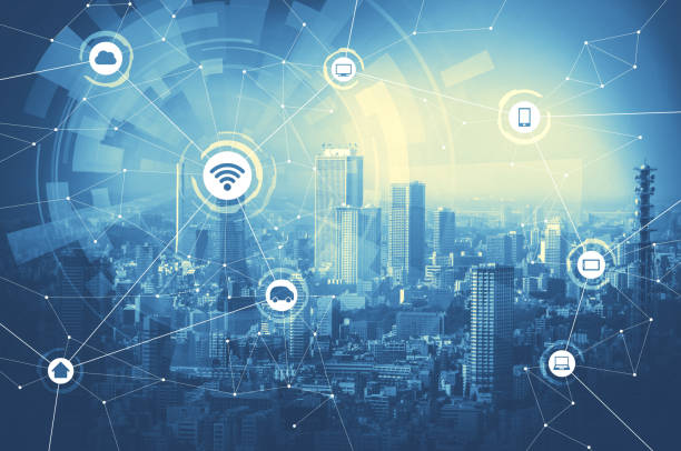 istock duo tone graphic of smart city and wireless communication network 690778102