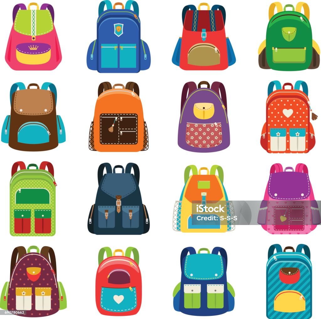 Kids cartoon schoolbag set Kids schoolbag set isolated on white background. Children colored cartoon backpacks for school study vector illustration Backpack stock vector