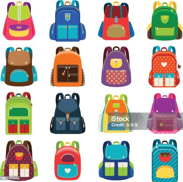 Kids Cartoon Schoolbag Set Stock Illustration - Download Image Now - Backpack, Child, Bag