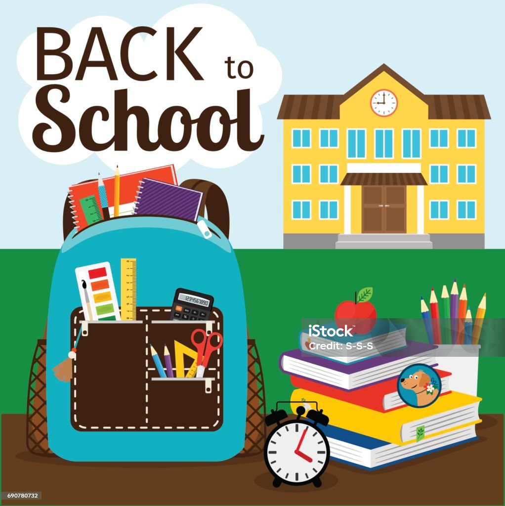 Back to school poster Primary education poster with building, backpack and apple. Back to school vector illustration School Supplies stock vector