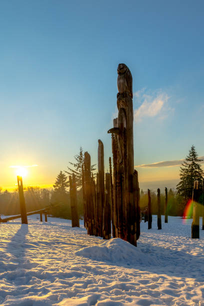Burnaby Mountain and Totem pole before sunset, New Westminster, Vancouver Canada. Picture took on Jan 2, 2017.