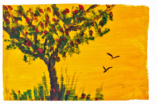 Tree and grass drawing gouache. Design element. Children's creativity. Expressive painting with gouache paints.
