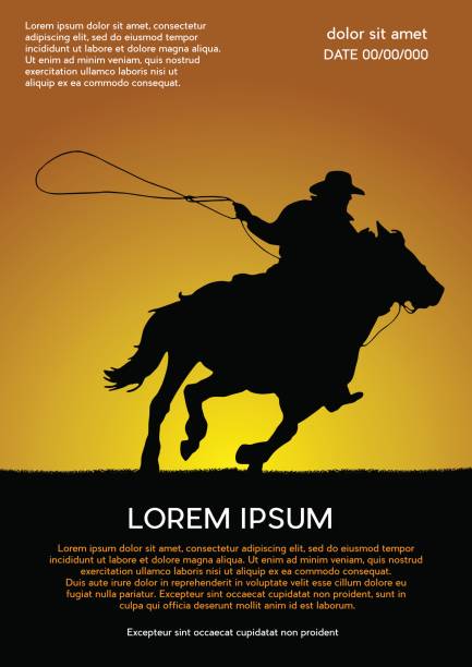 rodeo-wettbewerb-turnier, sonnenuntergang hintergrund. vektor-plakat-cowboy und lasso auf pferd - rodeo lasso cowboy horse stock-grafiken, -clipart, -cartoons und -symbole