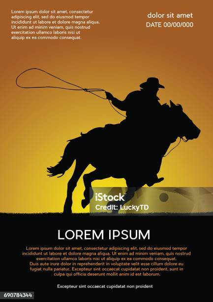 Tournoi De Compétition De Rodéo Fond Coucher De Soleil Vector Affiche Cowboy Et Lasso Sur Le Cheval Vecteurs libres de droits et plus d'images vectorielles de Affiche de film