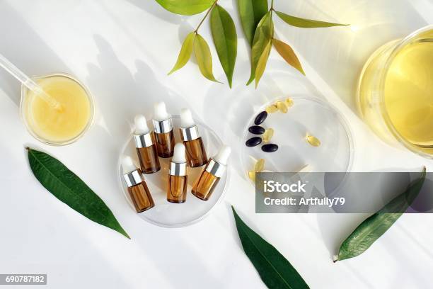 Foto de Óleo Essencial Natural Frasco Cosmético Recipientes Com Ervas Verdes Folhas Rótulo Em Branco Para Mockup Branding Conceito De Produto De Beleza Natural e mais fotos de stock de Acne