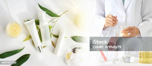 Natural Beauty Product Concept Doctor And Medicine Experiments Pharmacist Formulating The Chemical For Cosmetic Cosmetic Bottle Containers Blank Label For Branding Mockup Stock Photo - Download Image Now