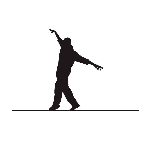silhouette of a equilibrist, man on little wire silhouette of a equilibrist, man on little wire balance silhouettes stock illustrations