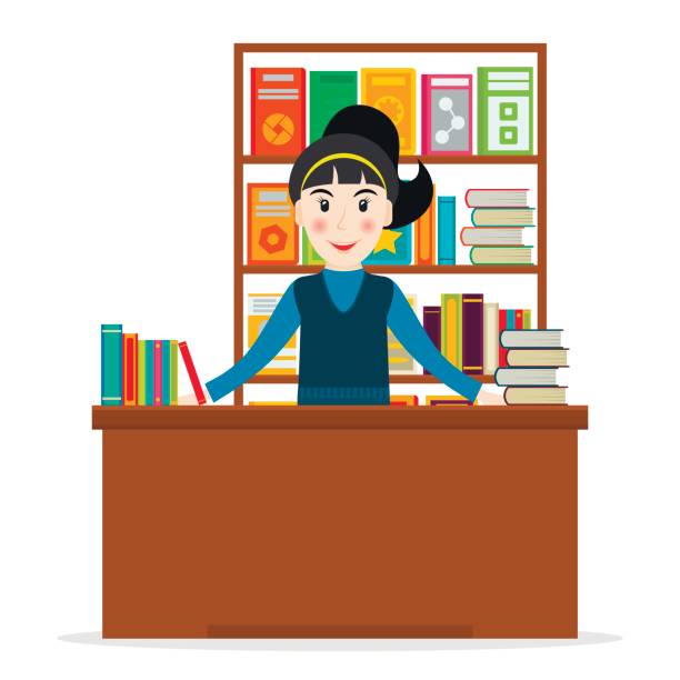 ilustraciones, imágenes clip art, dibujos animados e iconos de stock de librero femenino en el mostrador contra estantes con libros en estilo plano. bibliotecario de la biblioteca. ilustración vectorial de mujer sonriente vendiendo libros en la librería. - librarian