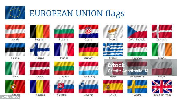 Ilustración de Agitando Las Banderas De La Unión Europea y más Vectores Libres de Derechos de Saludar con la mano - Saludar con la mano, Unión Europea, Bandera finlandesa