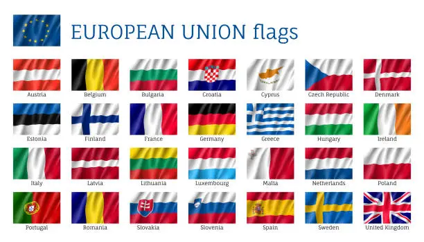 Vector illustration of Waving flags of European Union